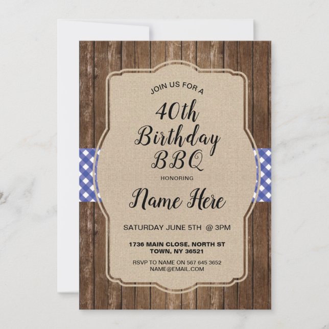 Invitación 40.º Fiesta de cumpleaños Blue Gingham Burlap Invi (Anverso)