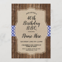Invitación 40.º Fiesta de cumpleaños Blue Gingham Burlap Invi