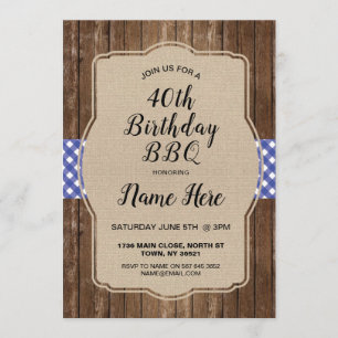 Invitación 40.º Fiesta de cumpleaños Blue Gingham Burlap Invi