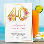 Invitación 40.º Fiesta de cumpleaños Bonito Dorado Floral Núm<br><div class="desc">40.ª invitación a la fiesta de cumpleaños con el oro número 40 decorado con flores de bonito. Diseño femenino y elegante con acuarelas florales en tonos rosa naranja amarillo y violeta. Perfecto para la celebración del 40 cumpleaños, almuerzo de cumpleaños primavera o verano, fiesta de té en el jardín, etc....</div>