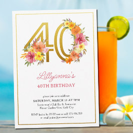 Invitación 40.º Fiesta de cumpleaños Bonito Dorado Floral Núm