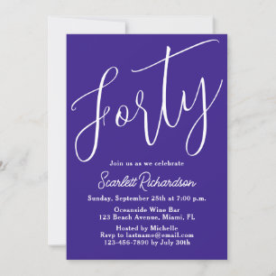 Invitación 40.º Fiesta de cumpleaños con escritura púrpura mo