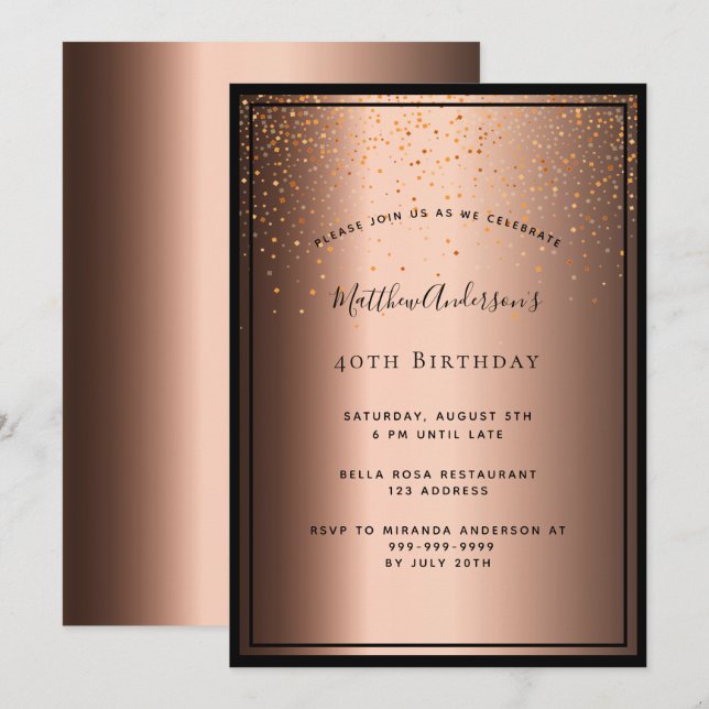 Invitación 40.º Fiesta de cumpleaños confetti negro de bronce (Anverso / Reverso)