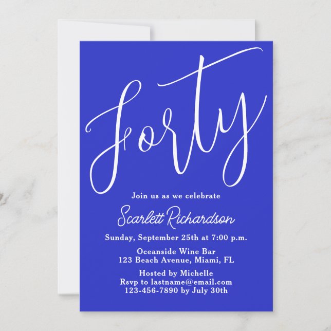 Invitación 40.º Fiesta de cumpleaños del Royal Blue de escrit (Anverso)