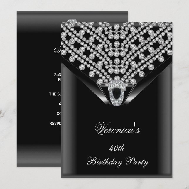 Invitación 40.º Fiesta de cumpleaños elegante diamantes negro (Anverso / Reverso)