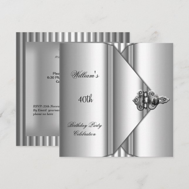 Invitación 40.º Fiesta de cumpleaños elegante hombres gris pl (Anverso / Reverso)