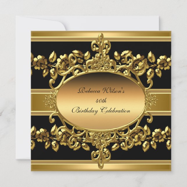 Invitación 40.º Fiesta de cumpleaños elegante oro negro flora (Anverso)
