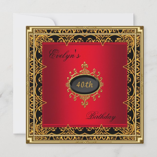 Invitación 40.º Fiesta de cumpleaños elegante oro negro rojo  (Anverso)