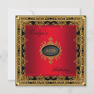 Invitación 40.º Fiesta de cumpleaños elegante oro negro rojo 