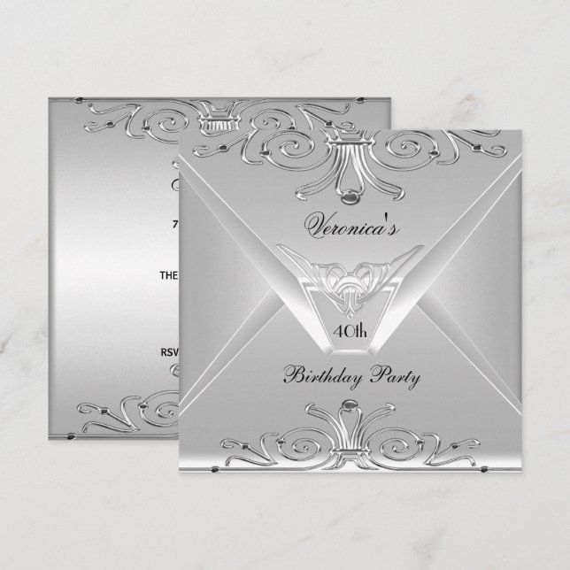 Invitación 40.º Fiesta de cumpleaños elegante plata Art Deco  (Anverso / Reverso)