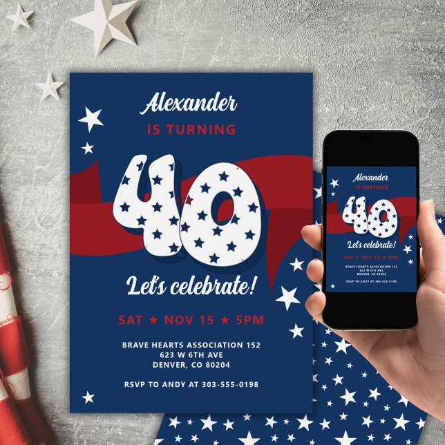 Invitación 40.º Fiesta de cumpleaños Estrellas azul blancas r (Subido por el creador)