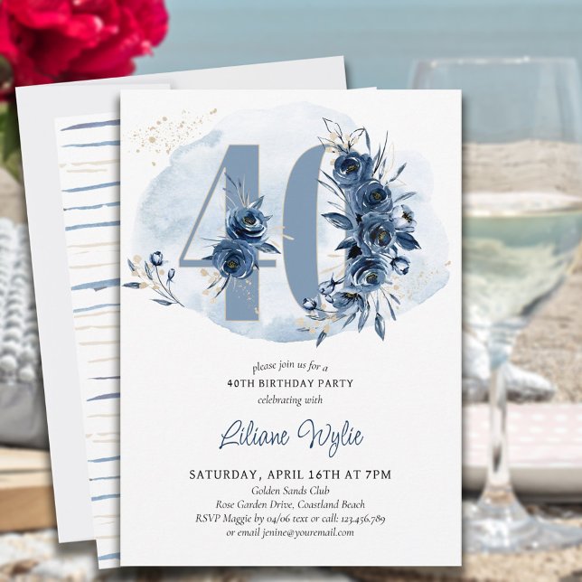Invitación 40.º Fiesta de cumpleaños Floral azul costero núme (Subido por el creador)