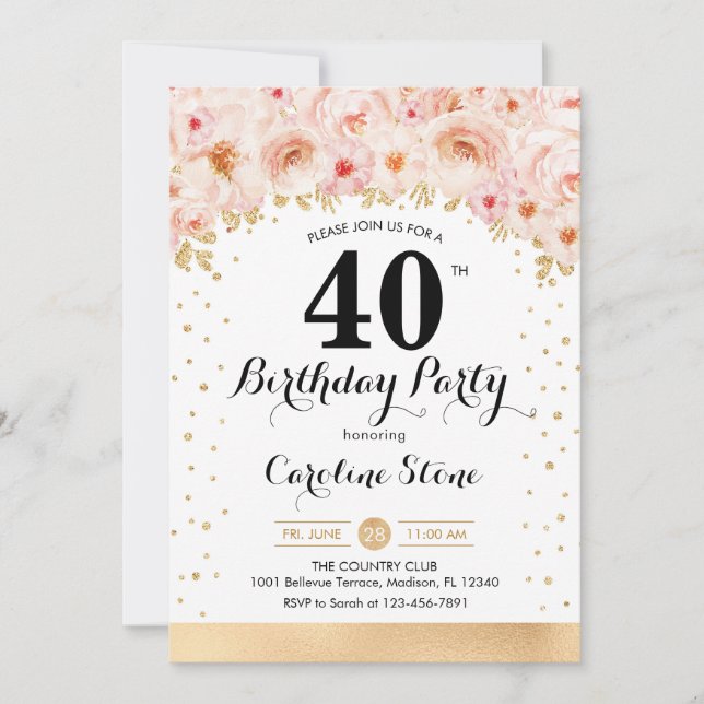 Invitación 40.º Fiesta de cumpleaños - Flores de oro (Anverso)