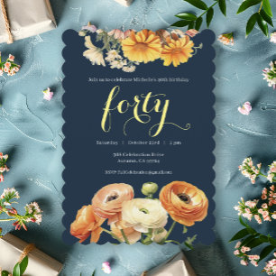 Invitación 40.º Fiesta de cumpleaños Flores Naranjas botánica