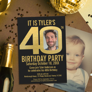 Invitación 40.º fiesta de cumpleaños foto de oro negro