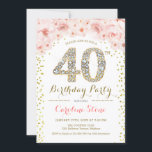 Invitación 40.º Fiesta de cumpleaños, foto rosa de oro blanco<br><div class="desc">40.ª invitación de fiesta de cumpleaños con foto. Elegante diseño en falso oro purpurina,  rosa y blanco. Elegante invitación floral con diamantes y rosas. Perfecto para la celebración del cumpleaños de las mujeres de glam. Invitaciones Zazzle impresas o plantilla digital de descarga instantánea.</div>