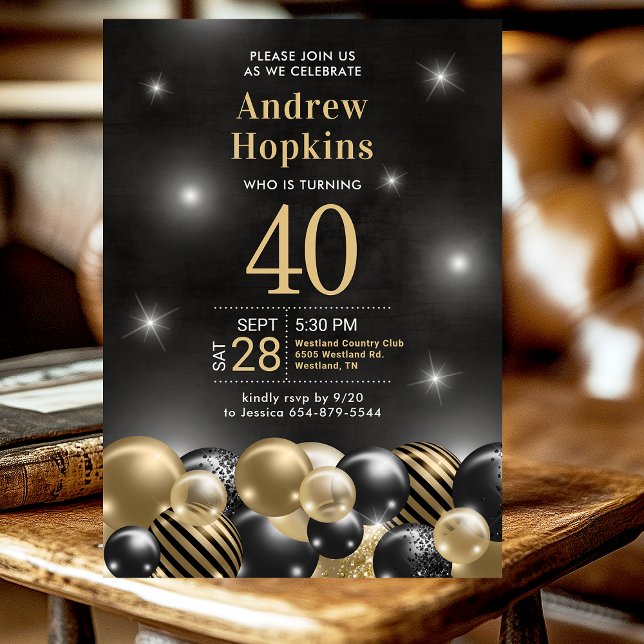 Invitación 40.º Fiesta de cumpleaños Globos de Oro Negro (Subido por el creador)