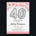 Invitación 40.º Fiesta de cumpleaños - Globos plateados<br><div class="desc">40.ª invitación a la fiesta de cumpleaños. Elegante diseño en una falsa plata purpurina con acento floral. Invitar tarjeta con el número de plata 40 globos, letra de guión con confeti. Rosa de coral Rubor, blanco. Perfecto para una elegante celebración de los cuarenta días. Mándame un mensaje si necesitas edad...</div>