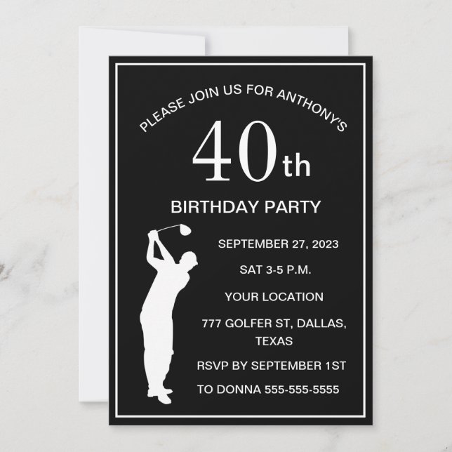 Invitación 40.º Fiesta de cumpleaños Golfer Black Par Adult G (Anverso)