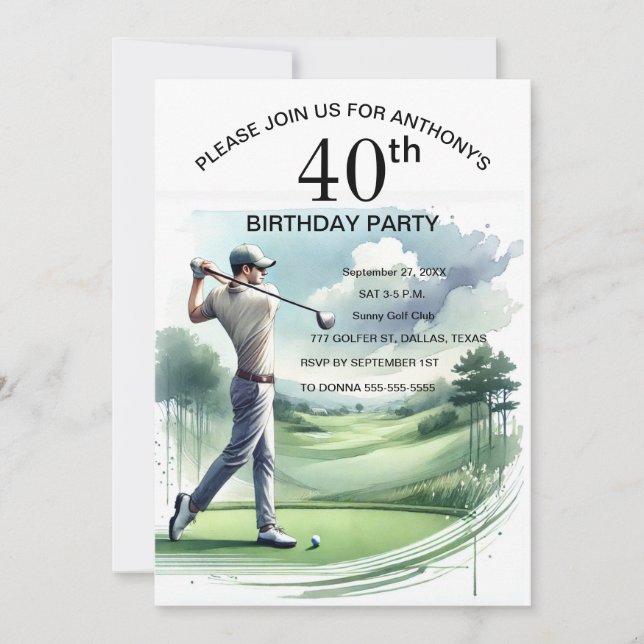 Invitación 40.º Fiesta de cumpleaños Golfer Par Sports Golf (Anverso)
