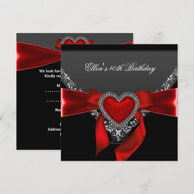 Invitación 40.º Fiesta de cumpleaños Joya del Corazón Rojo Bl (Anverso / Reverso)