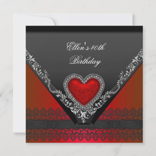Invitación 40.º Fiesta de cumpleaños Joya del Corazón Rojo Bl (Anverso)