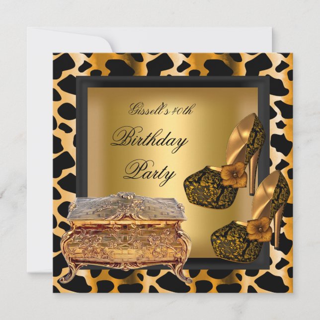 Invitación 40.º Fiesta de cumpleaños Leopard Zapatos de oro n (Anverso)