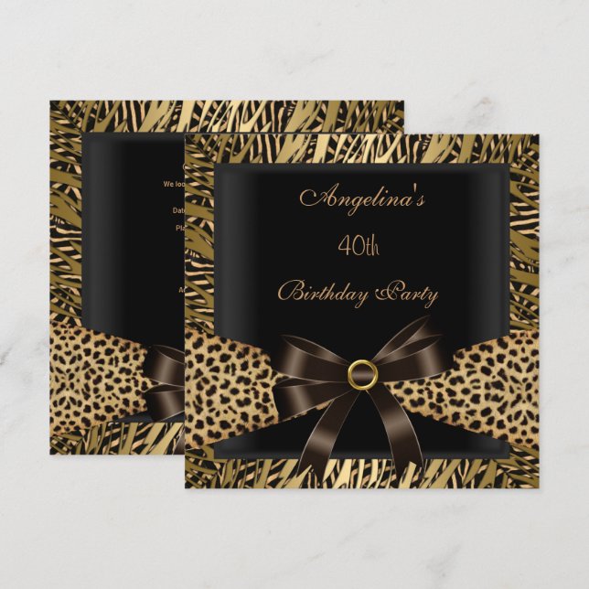 Invitación 40.º Fiesta de cumpleaños Leopardo de oro negro ma (Anverso / Reverso)