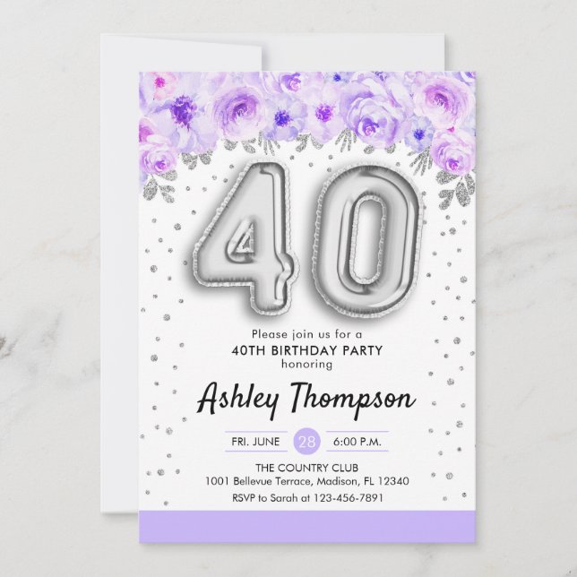 Invitación 40.º Fiesta de cumpleaños - Morado de globos plate (Anverso)