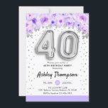 Invitación 40.º Fiesta de cumpleaños - Morado de globos plate<br><div class="desc">40.ª invitación a la fiesta de cumpleaños. Elegante diseño en una falsa plata purpurina con acento floral. Invitar tarjeta con el número de plata 40 globos, letra de guión con confeti. Pastel morado, lavanda y blanco. Perfecto para una elegante celebración de los cuarenta días. Mándame un mensaje si necesitas edad...</div>