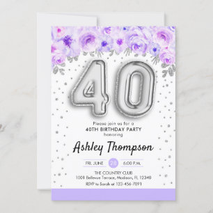 Invitación 40.º Fiesta de cumpleaños - Morado de globos plate