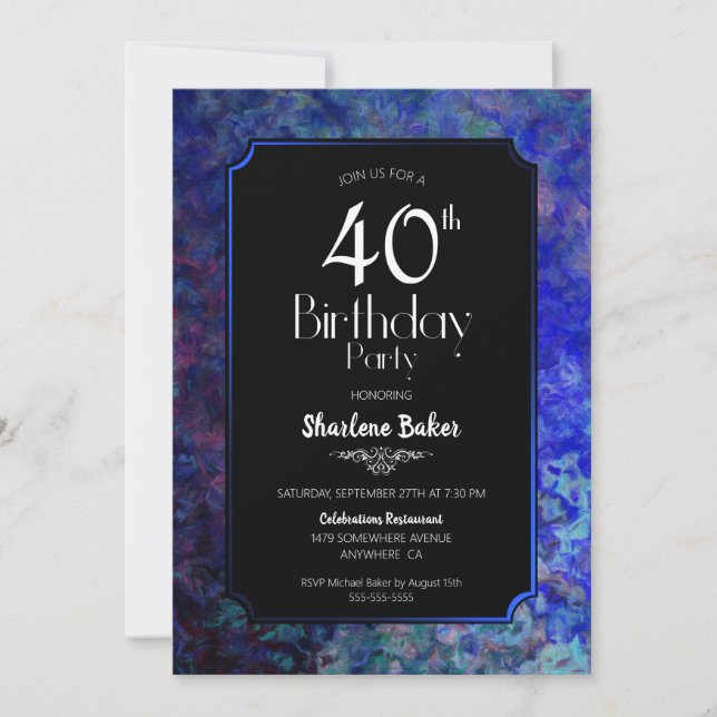 Invitación 40.º Fiesta de cumpleaños negro con borde azul (Anverso)