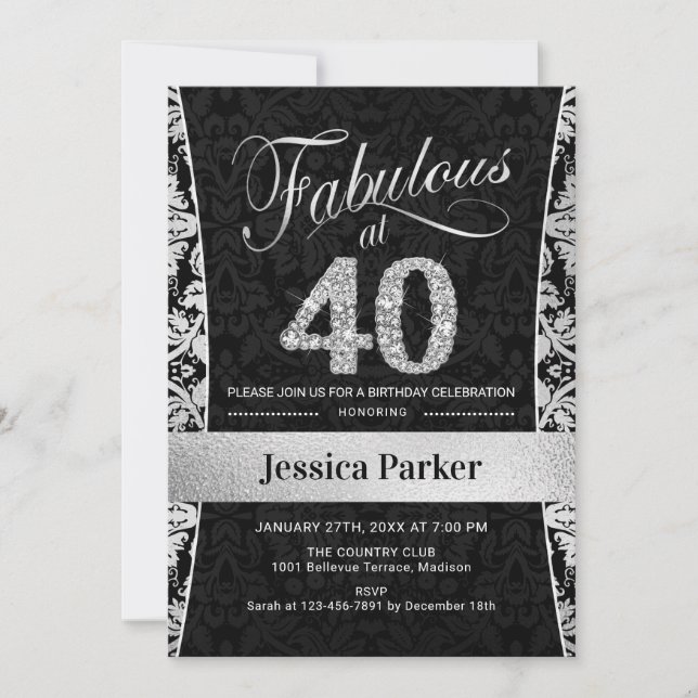 Invitación 40.º Fiesta de cumpleaños - negro plateado (Anverso)