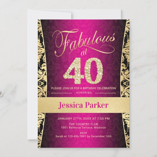 Invitación 40.º Fiesta de cumpleaños - Negro rosado dorado (Anverso)