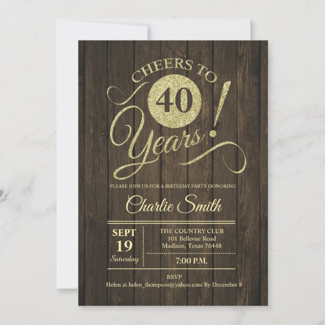 Invitación 40.º Fiesta de cumpleaños - Oro de madera marrón r (Anverso)