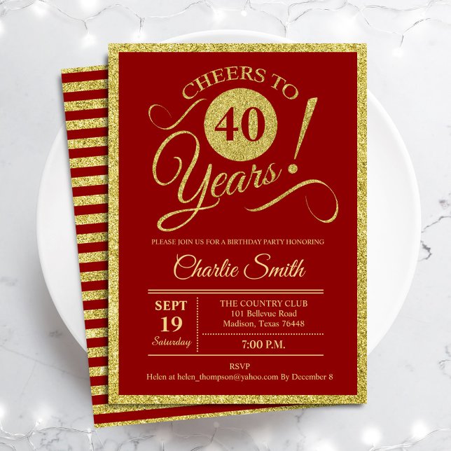Invitación 40.º Fiesta de cumpleaños - Oro rojo CUALQUIER EDA (Subido por el creador)