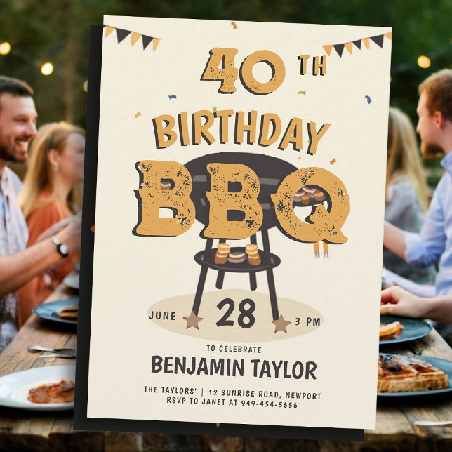Invitación 40.º Fiesta de cumpleaños para hombres de patio tr (40th birthday party ideas for men backyard bbq summer outside black yellow orange husband boyfriend )