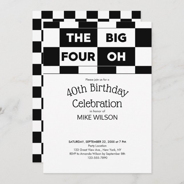 Invitación 40.º Fiesta de cumpleaños Patrón de cuadros blanco (Anverso / Reverso)