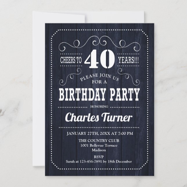 Invitación 40.º Fiesta de cumpleaños - Patrón de madera marin (Anverso)