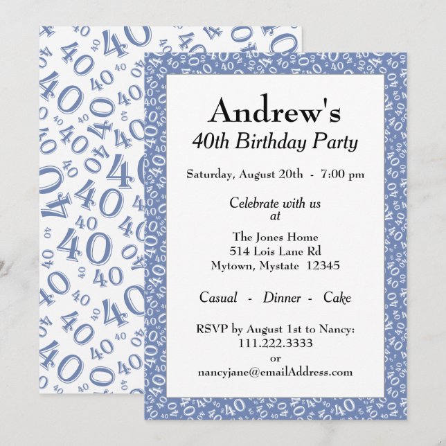 Invitación 40.º Fiesta de cumpleaños - Patrón de números azul (Anverso / Reverso)
