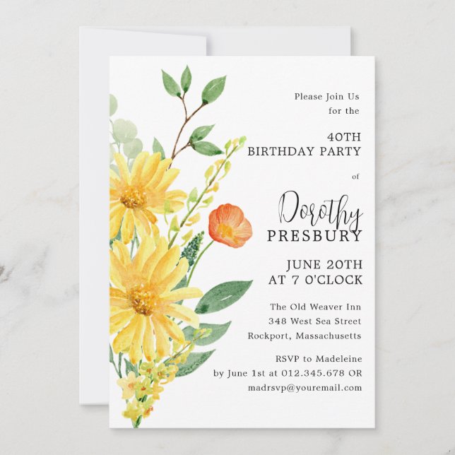 Invitación 40.º Fiesta de cumpleaños primavera amarilla flora (Anverso)