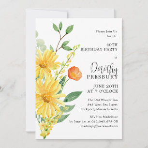 Invitación 40.º Fiesta de cumpleaños primavera amarilla flora