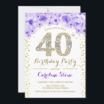 Invitación 40.º Fiesta de cumpleaños - Púrpura de oro blanco<br><div class="desc">40.ª Invitación a la fiesta de cumpleaños Diseño elegante en oro falso purpurina,  morado y blanco. Elegante invitación floral con diamantes y rosas. Perfecto para una celebración de glam. Por favor,  envíeme un mensaje si necesita más personalización.</div>