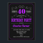 Invitación 40.º Fiesta de cumpleaños - Púrpura Negra<br><div class="desc">40.ª Invitación a la fiesta de cumpleaños. Elegante diseño retro negro,  morado,  blanco con diseño de pizarra y fuente de escritura. ¡Salud a 40 años! Mándame un mensaje si necesitas más personalización.</div>