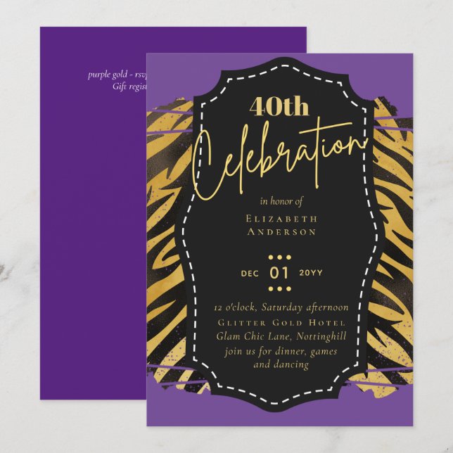Invitación 40.º Fiesta de cumpleaños Purpurina de impresión p (Anverso / Reverso)