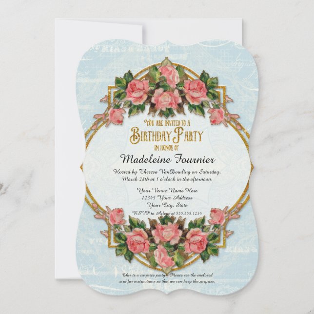 Invitación 40.º Fiesta de cumpleaños Purpurina de oro Rosas d (Anverso)