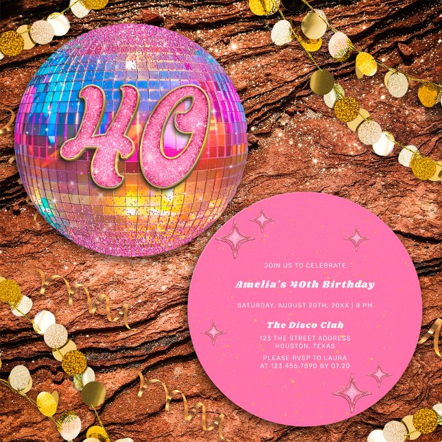 Invitación 40.º Fiesta de cumpleaños Purpurina rosado dorado  (Front/Back)