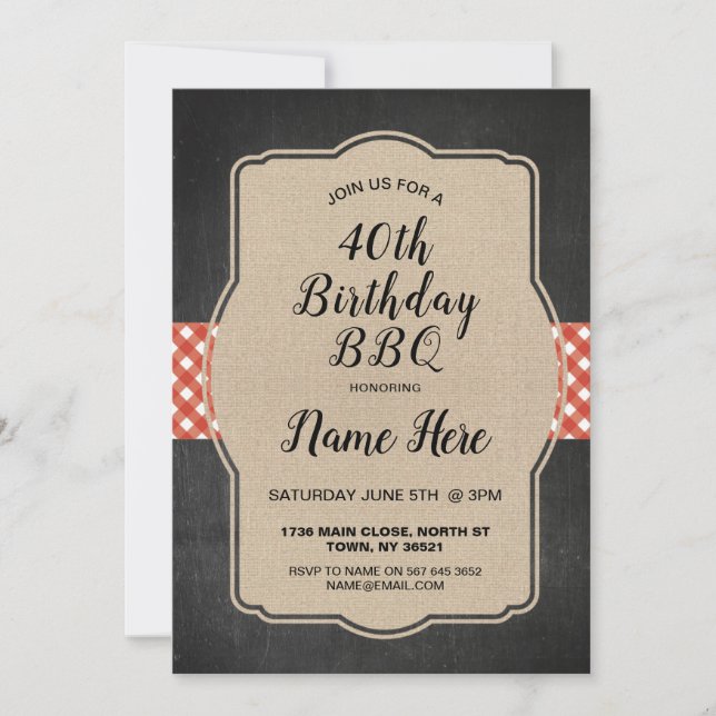 Invitación 40.º Fiesta de cumpleaños, Red Gingham Burlap Invi (Anverso)
