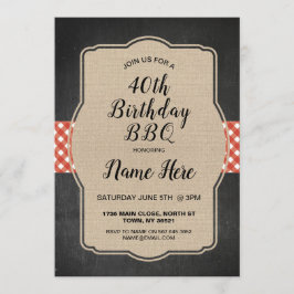 Invitación 40.º Fiesta de cumpleaños, Red Gingham Burlap Invi