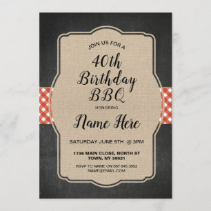 Invitación 40.º Fiesta de cumpleaños, Red Gingham Burlap Invi